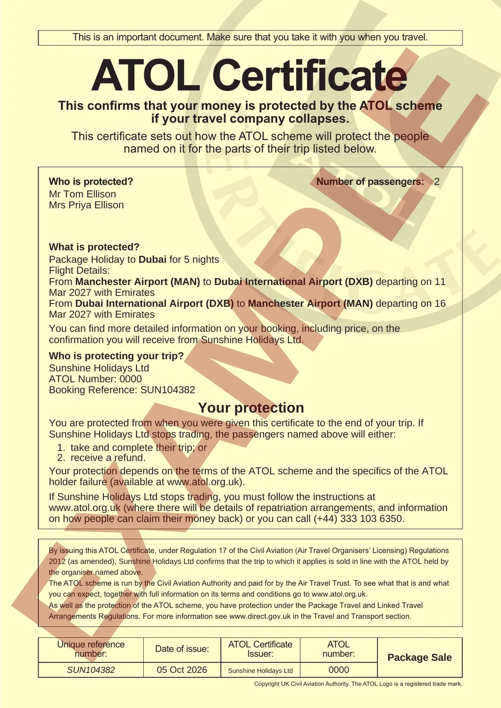 An example ATOL certificate on the CAA's yellow Package form, stamped EXAMPLE across the middle