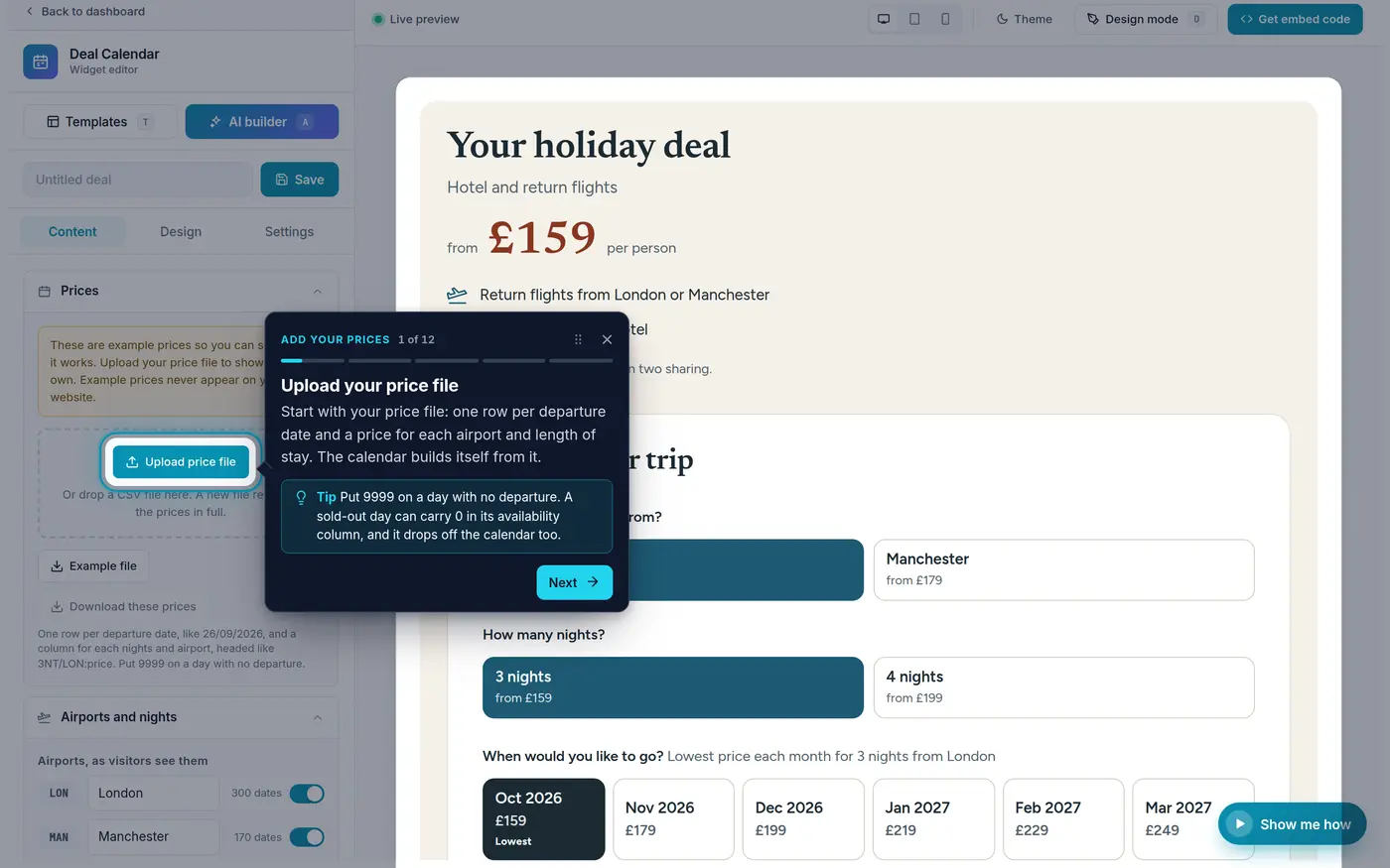 The Deal Calendar editor with Show me how on step 1 of 12, Upload your price file, and a tip about 9999 for a day with no departure