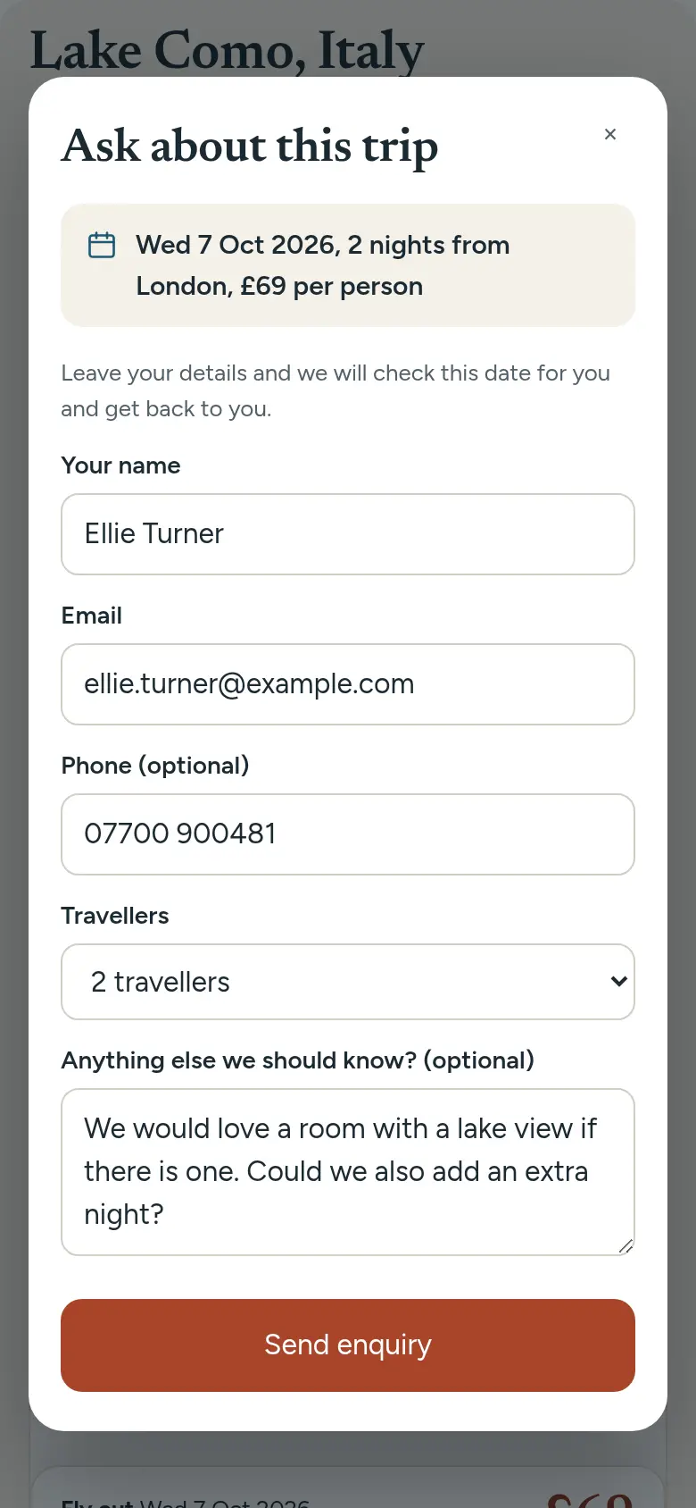 The enquiry form on a phone: Ask about this trip, Wednesday 7 October 2026, 2 nights from London at £69 per person, with name, email, phone, travellers and a message filled in