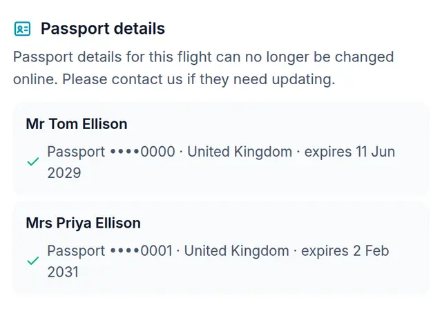 The read-only view after the cut-off: each traveller's passport shown as four dots and the last four characters, the country and the expiry date