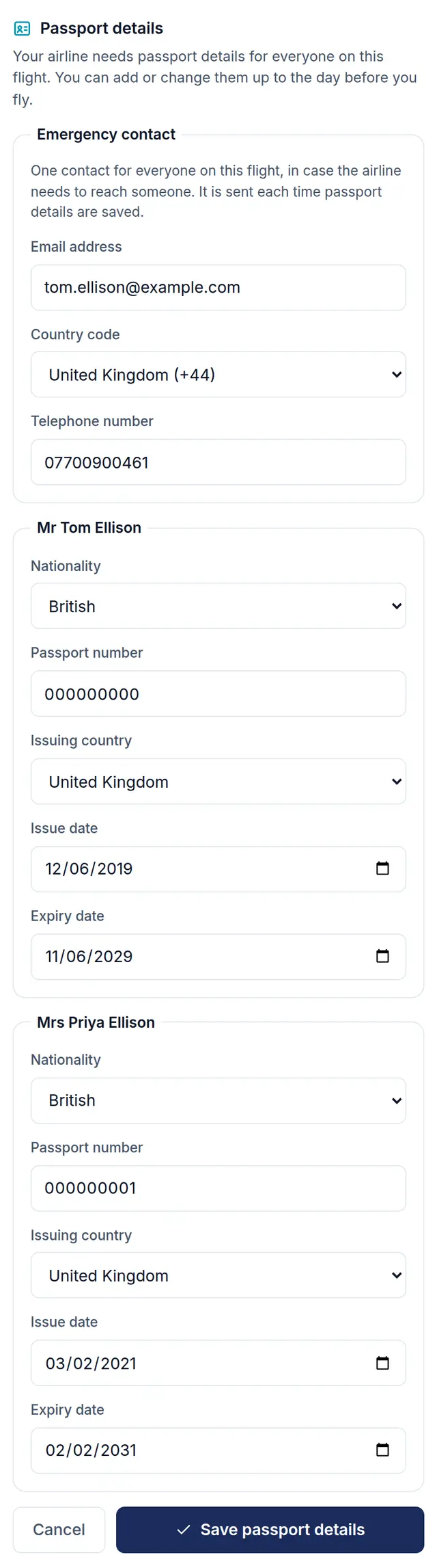 My Booking's passport form: the emergency contact first, then Mr Tom Ellison with nationality British, a passport number, issuing country and dates