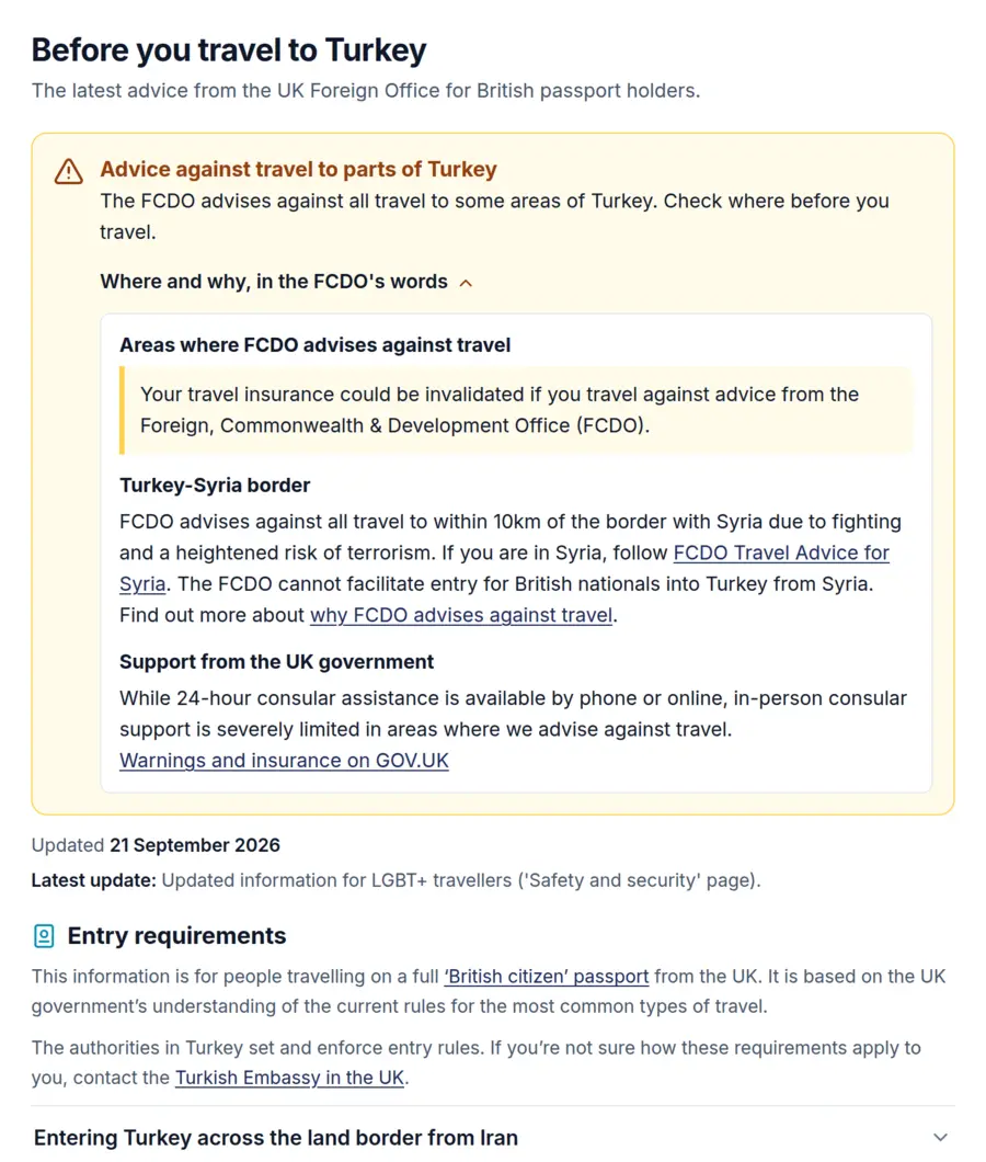 The Travel Advice widget: the advice level, the date it was updated and the entry requirements in the FCDO's own words