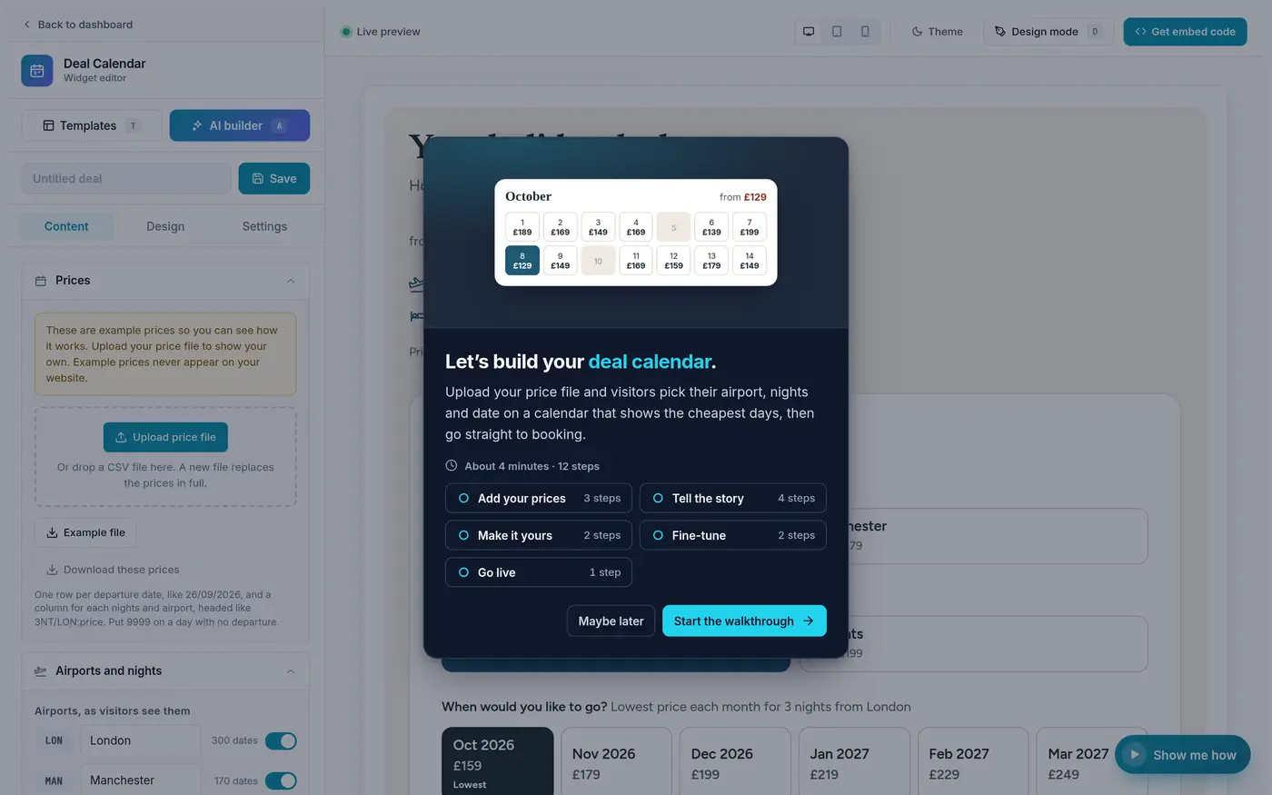 The Deal Calendar editor with its Show me how tour open: Let's build your deal calendar, about 4 minutes and 12 steps, in five chapters