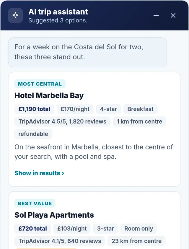 The assistant close up: its reply, then Hotel Marbella Bay as most central and Sol Playa Apartments as best value, each with fact chips and a one-line reason