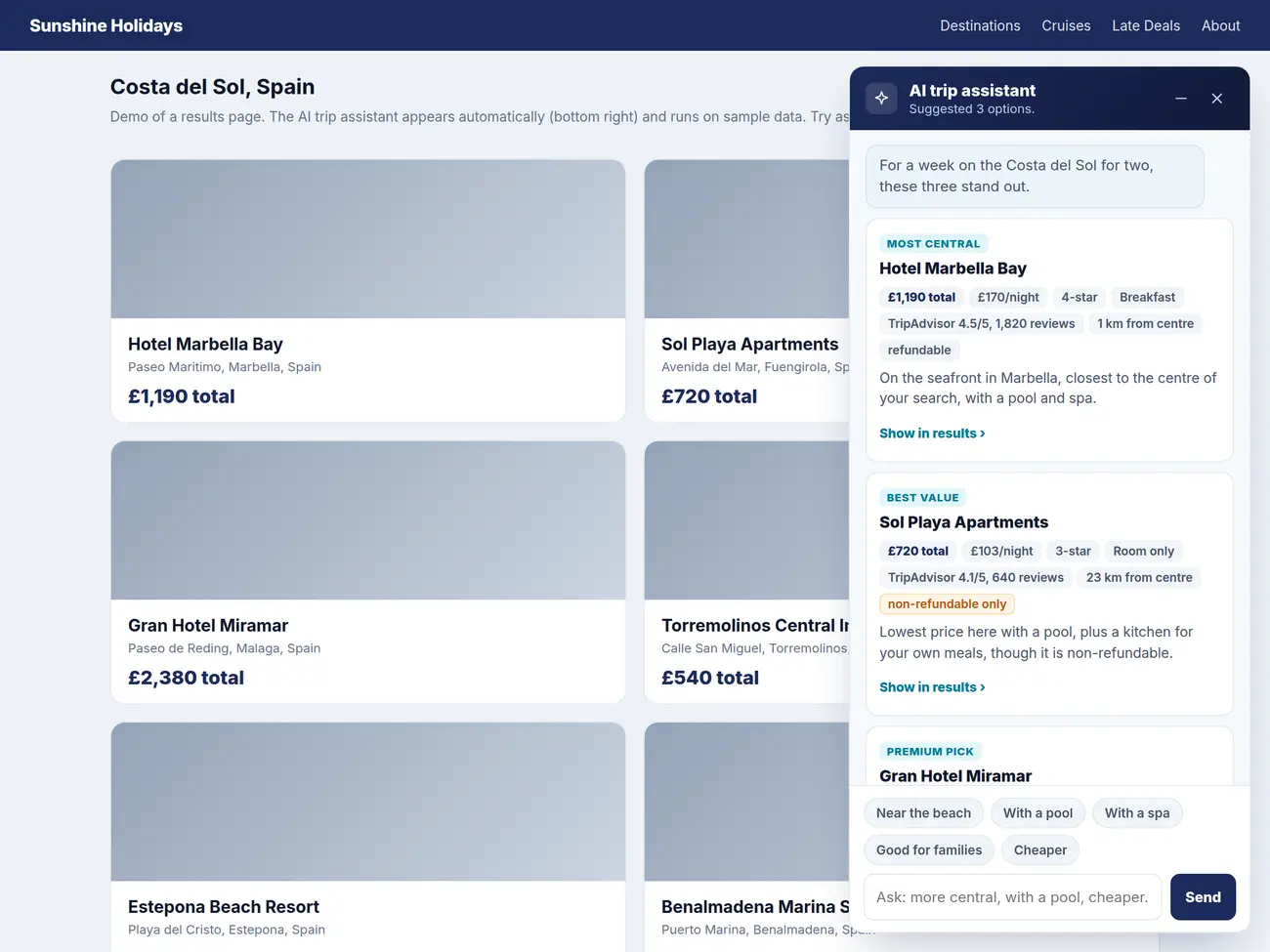 A demo results page for the Costa del Sol with the AI trip assistant open on the right