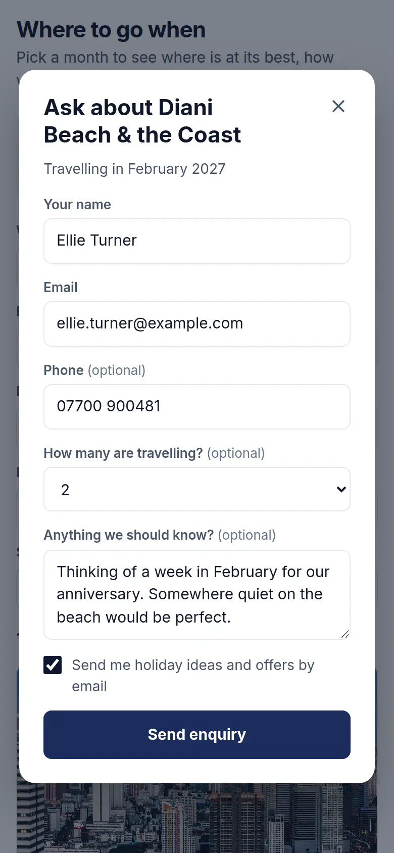 The enquiry form on a phone: Ask about Diani Beach and the Coast, travelling in February 2027, with name, email, phone, party size, a message and a marketing tick box filled in